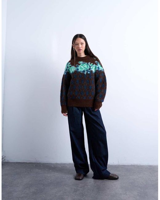 TOPSHOP Multicolor Knit Flower And Argyle Sweater