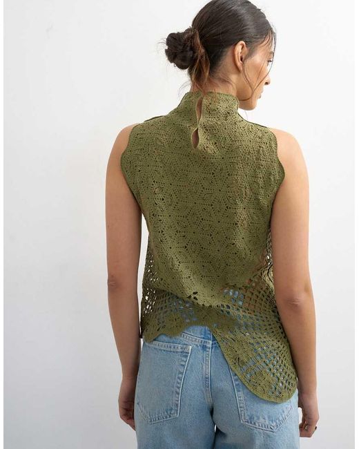 TOPSHOP Green Knitted Crochet Shape Top