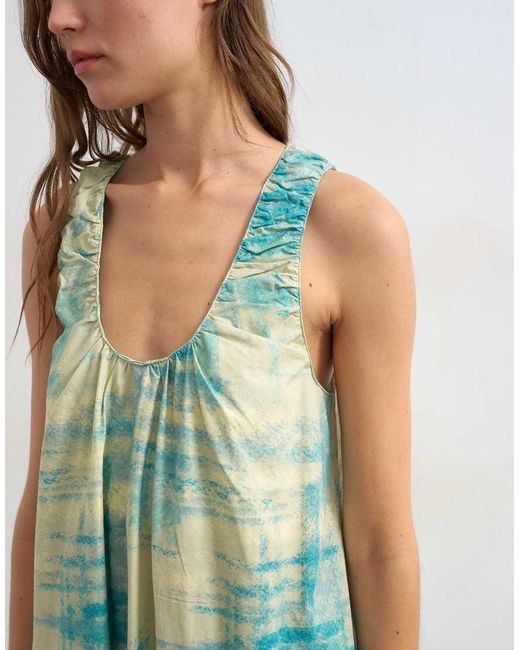 TOPSHOP Green Cotton Poplin Ruched Neck Maxi Sundress