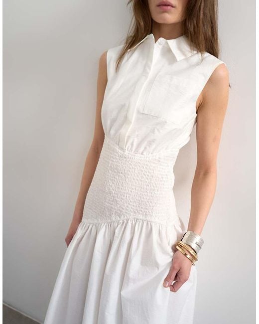 TOPSHOP White Dropped Waist Sleeveless Shirt Dress