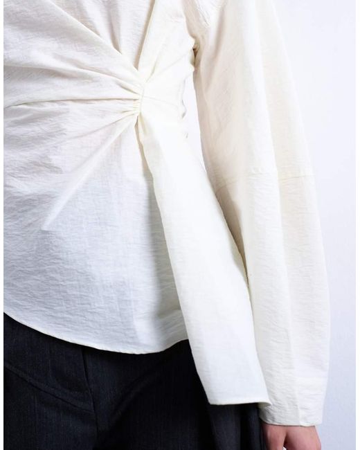 TOPSHOP White Long Sleeve Pleat Front Top