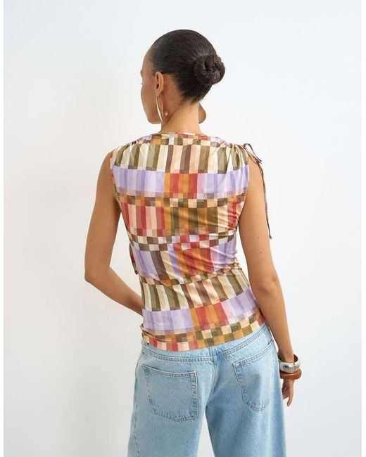 TOPSHOP Blue Check Mesh Ruched Detail Top