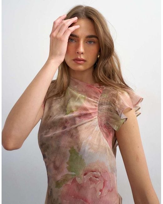 TOPSHOP Pink Premium Chiffon High Low Maxi Dress With Smocking Detail