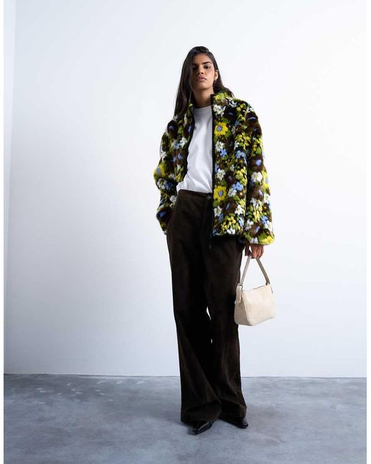 TOPSHOP Multicolor Faux Fur Floral Bomber Jacket