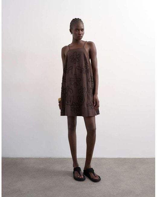 TOPSHOP Brown Beaded Strap Trapeze Mini Dress With 3d Cording