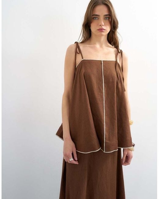 TOPSHOP Brown Co-Ord Linen Rich Cami Top With Ecru Contrast Piping