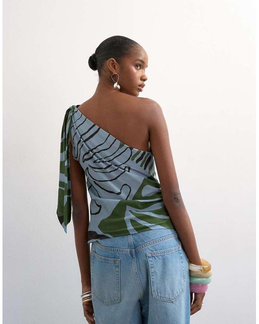 TOPSHOP Blue Co Ord Scarf Print One Shoulder Top
