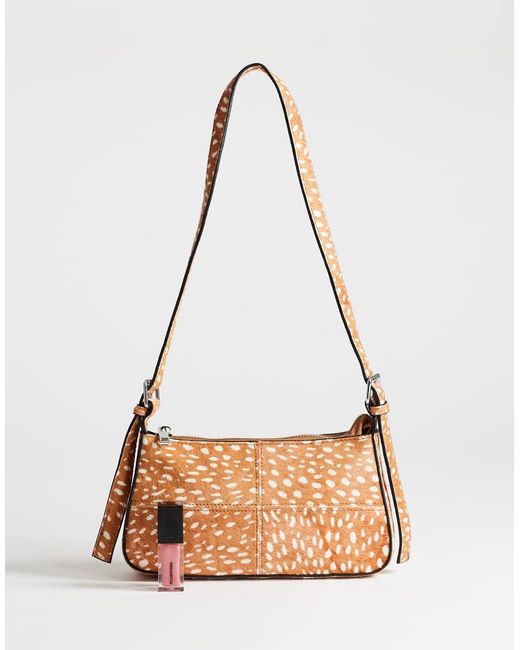 TOPSHOP Natural Bam Small Deer Print Hair On Leather Panel Shoulder Bag