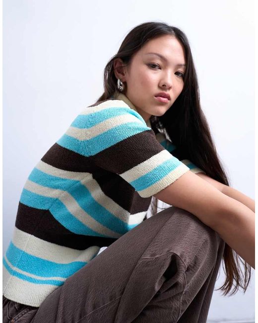 TOPSHOP Blue Knitted Cinched Polo Top