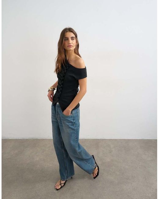 TOPSHOP Black Bardot Button Through Top