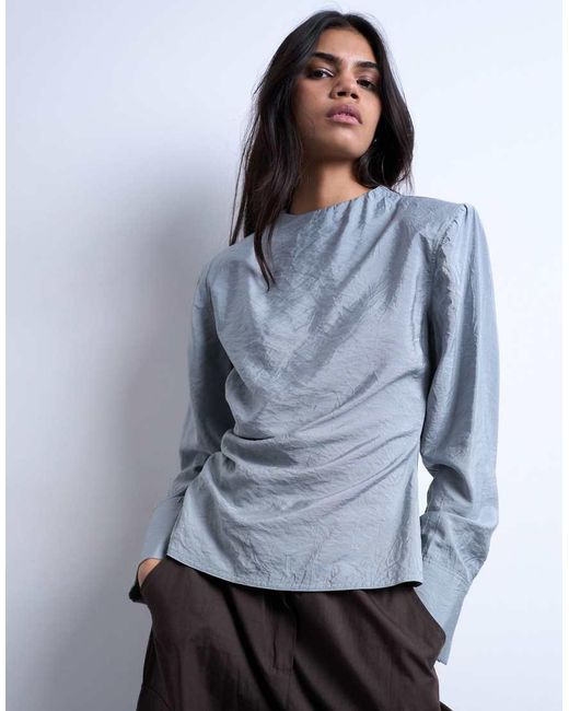 TOPSHOP Blue Long Sleeve Ruched Side Top