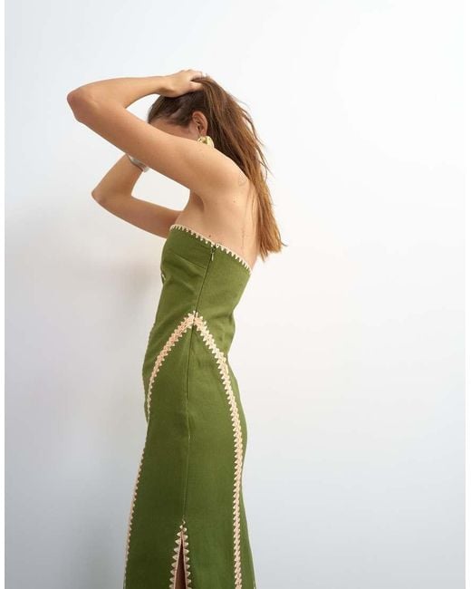 TOPSHOP Green Contrast Crochet Detail Bandeau Maxi Dress