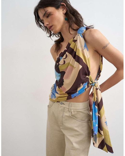 TOPSHOP Natural Printed Knot Detail One Shoulder Top
