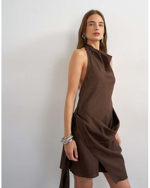 TOPSHOP Brown Linen Rich Halter Neck Wrap Mini Dress