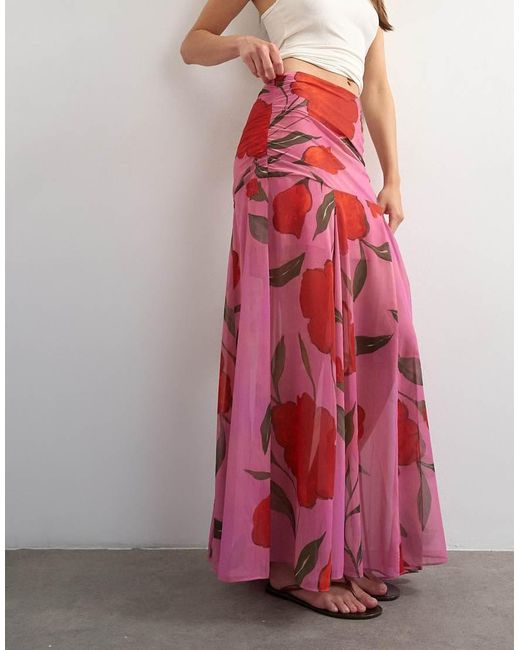 TOPSHOP Pink Floral Drop Waist Full Circle Skirt