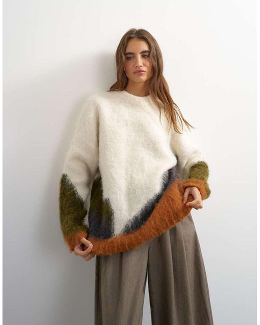 TOPSHOP Brown Knit Hairy Abstract Color Block Striped Wool Mix Crew Neck Sweater