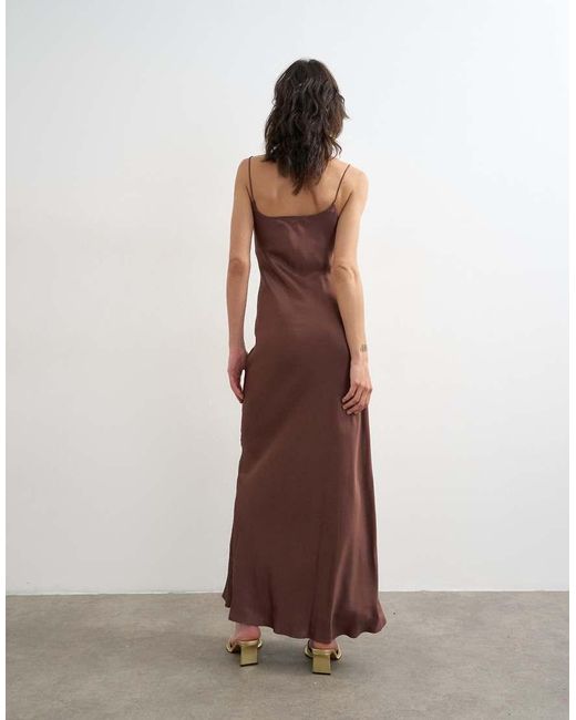 TOPSHOP Brown Viscose Satin Low Scoop Flood Length Maxi Slip Dress