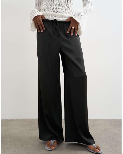 TOPSHOP White Satin Tie Waist Wide Leg Trouser