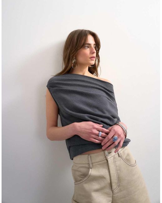TOPSHOP Gray Soft Touch Fallen Shoulder Top