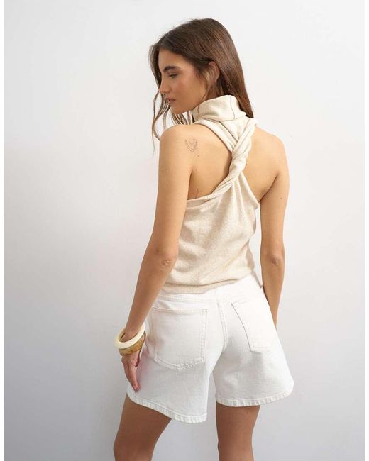 TOPSHOP White Knitted High Funnel Neck Sleeveless Twist Back Top