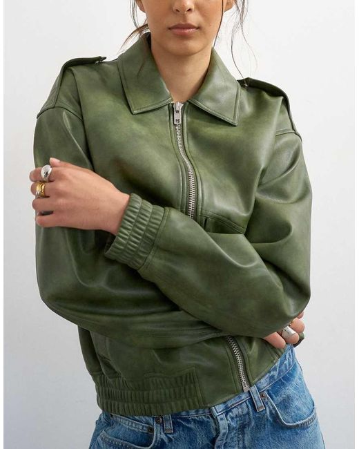 TOPSHOP Green Faux Leather Cropped Bomber Jacket With Patch Pocket