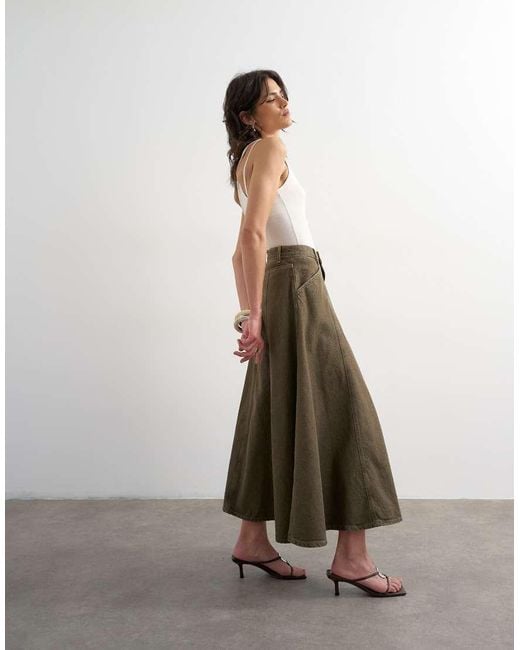 TOPSHOP Green Denim Circle Seamed Maxi Skirt