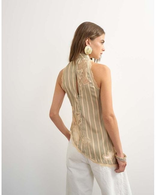 TOPSHOP Natural Premium Halter Neck Top With Contrast Lace Detail
