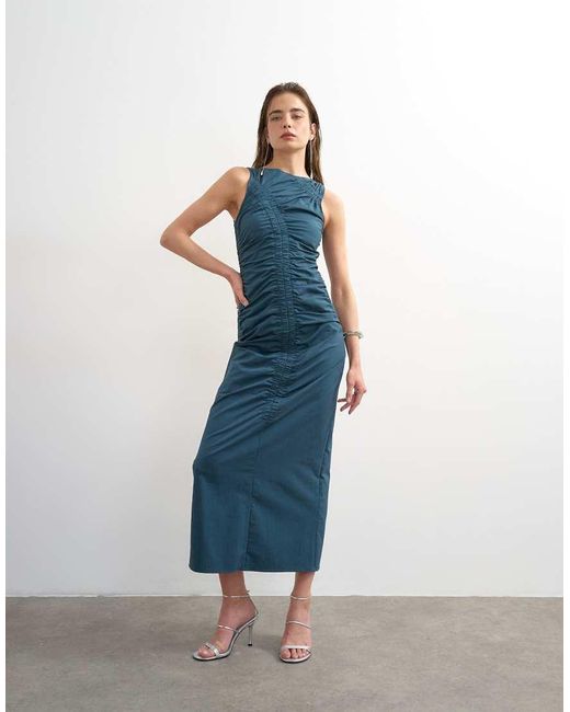 TOPSHOP Blue Ruched Sleeveless Midi Dress