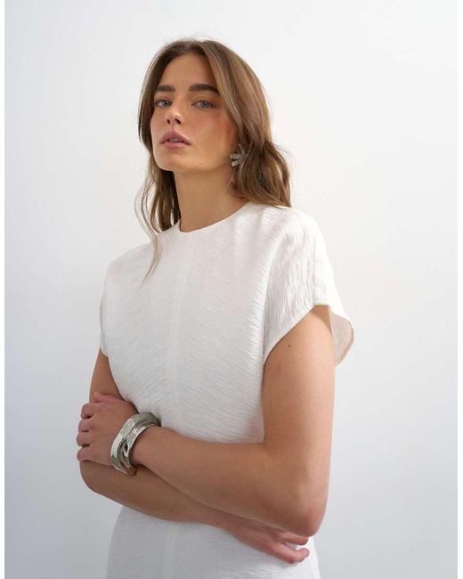 TOPSHOP White Drop Shoulder Blouson Waist Crinkle Maxi Dress