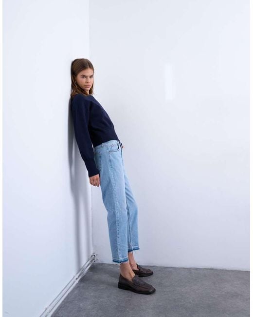 TOPSHOP Blue Runway Mid Rise Straight Cropped Jean With Let Down Hem Detail