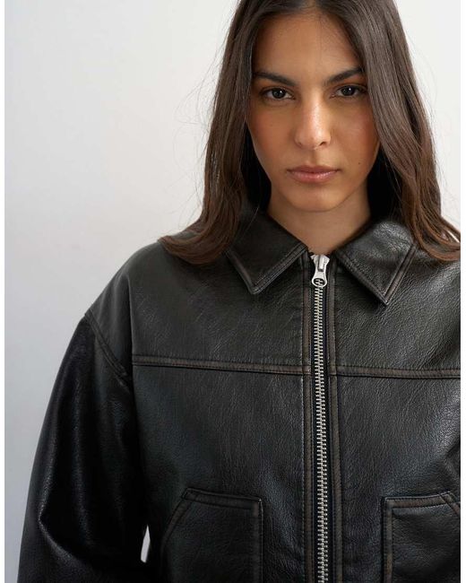 TOPSHOP Black Faux Leather Zip Through Jacket With Patch Pockets