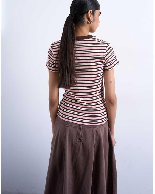 TOPSHOP Brown Striped Ribbed Short Sleeve Tee