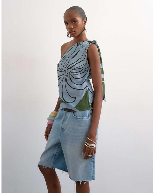 TOPSHOP Blue Co Ord Scarf Print One Shoulder Top