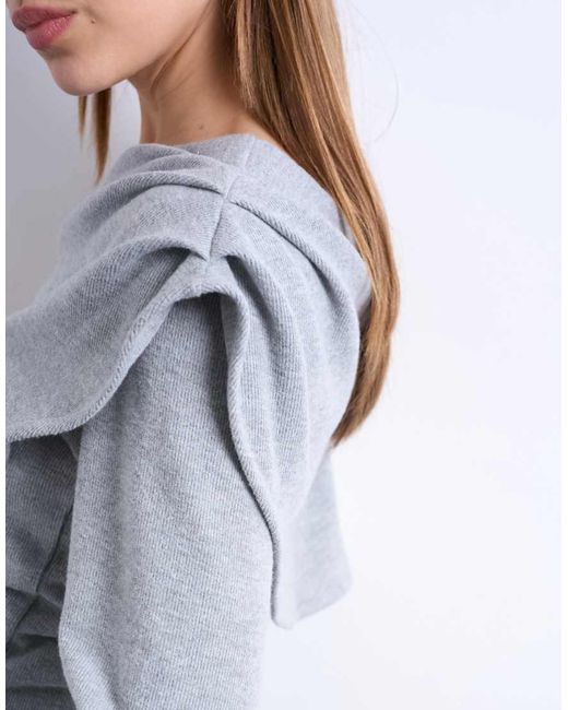 TOPSHOP Gray Asymmetric Soft Touch Bardot Drape Long Sleeve Top
