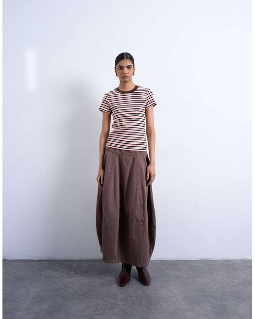 TOPSHOP Brown Striped Ribbed Short Sleeve Tee