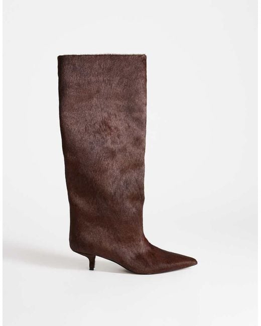 TOPSHOP Brown Tina Hair-on Real Leather Kitten Heel Knee Boots