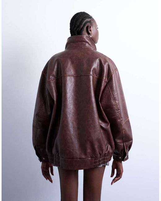 TOPSHOP Brown Super Oversized Faux Leather Contrast Heavy Wash Bomber Jacket