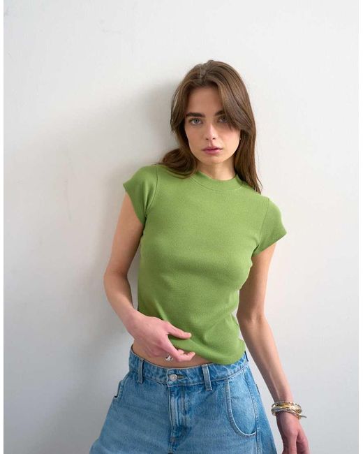 TOPSHOP Green Rib Fitted Curve Hem Tee