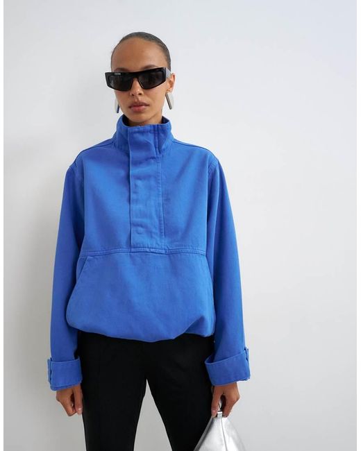 TOPSHOP Blue Denim Funnel Neck Bubble Hem Top