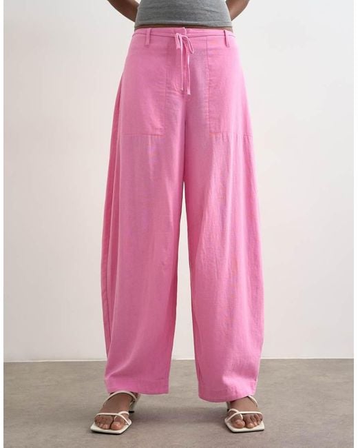 TOPSHOP Pink Linen Clean Tie Waist Barrel Trouser