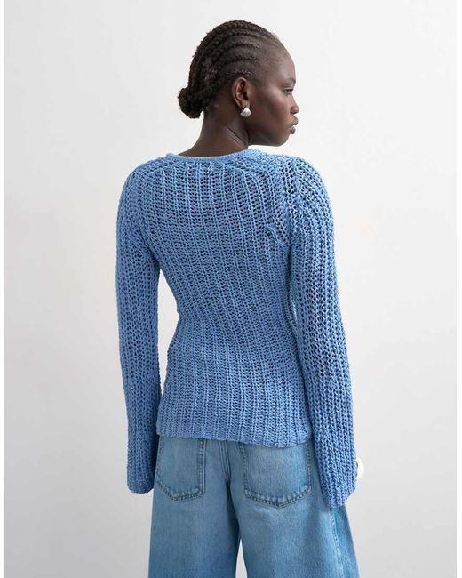 TOPSHOP Blue Knit Open Stitch Long Sleeve Top