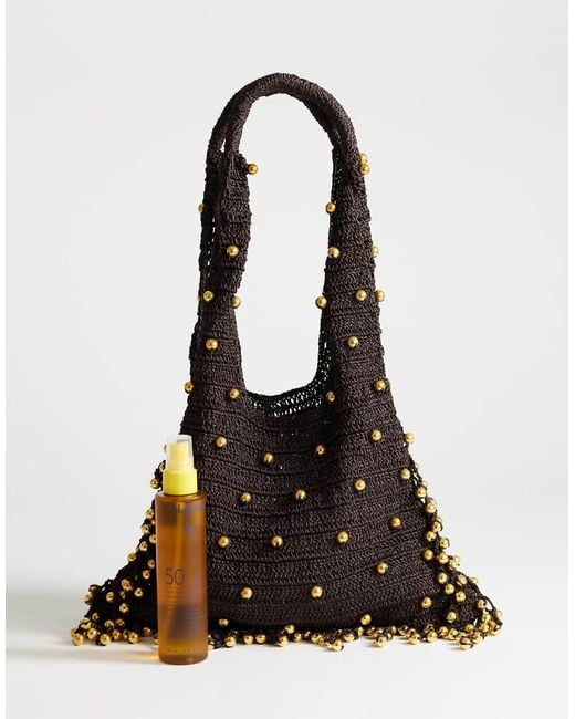 TOPSHOP Black Molly Medium Woven Beaded Bag
