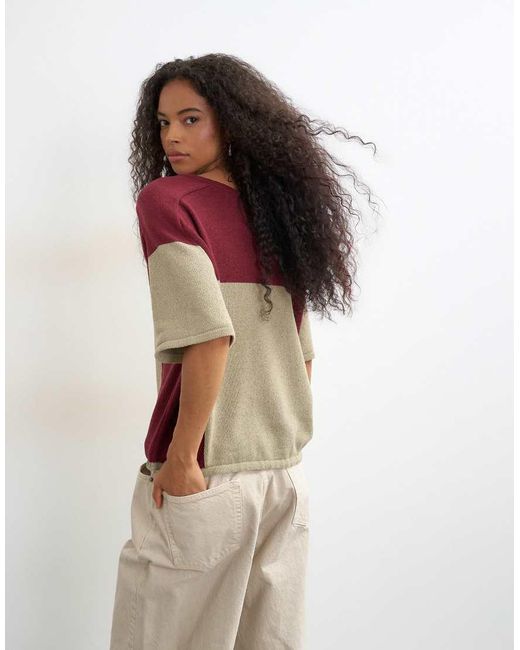 TOPSHOP Green Knitted Drawstring Colour Block Top
