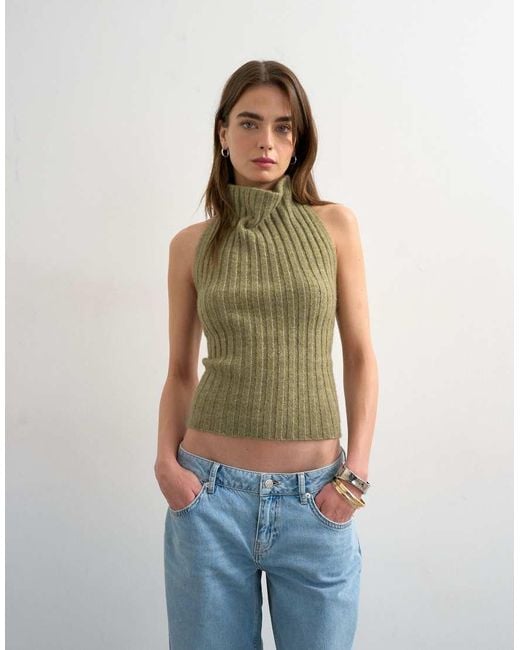 TOPSHOP Green Knit Drape Neck Low Back Top