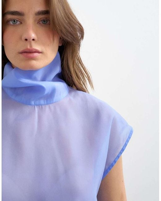 TOPSHOP Blue High Neck Grown On Shoulder Sheer Organza Top