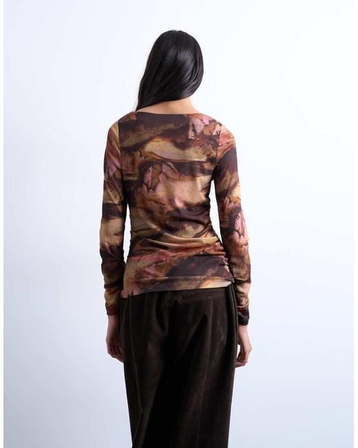 TOPSHOP Multicolor Abstract Print Ruched Long Sleeve Top