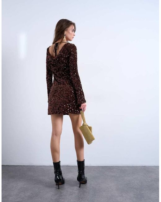 TOPSHOP Brown Longsleeve Cowl Back Mini Sequin Velvet Dress