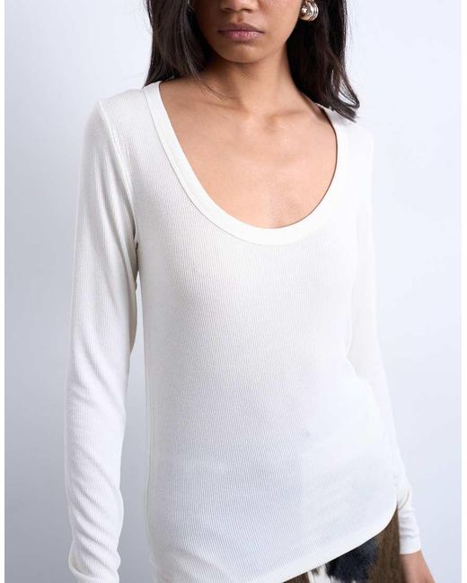 TOPSHOP White Premium Rib Long Sleeve Wide Scoop Neck Top