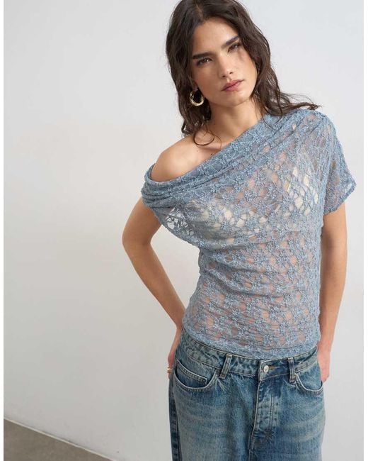 TOPSHOP Blue Lace Fallen Shoulder Top