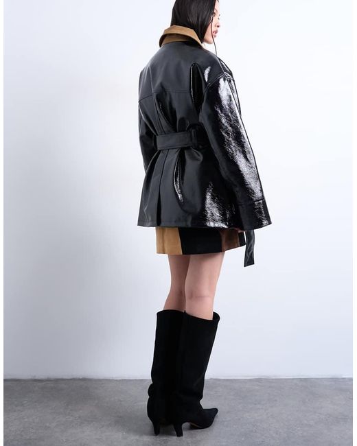 TOPSHOP Black 4 Pocket Vinyl Shacket With Contrast Collar